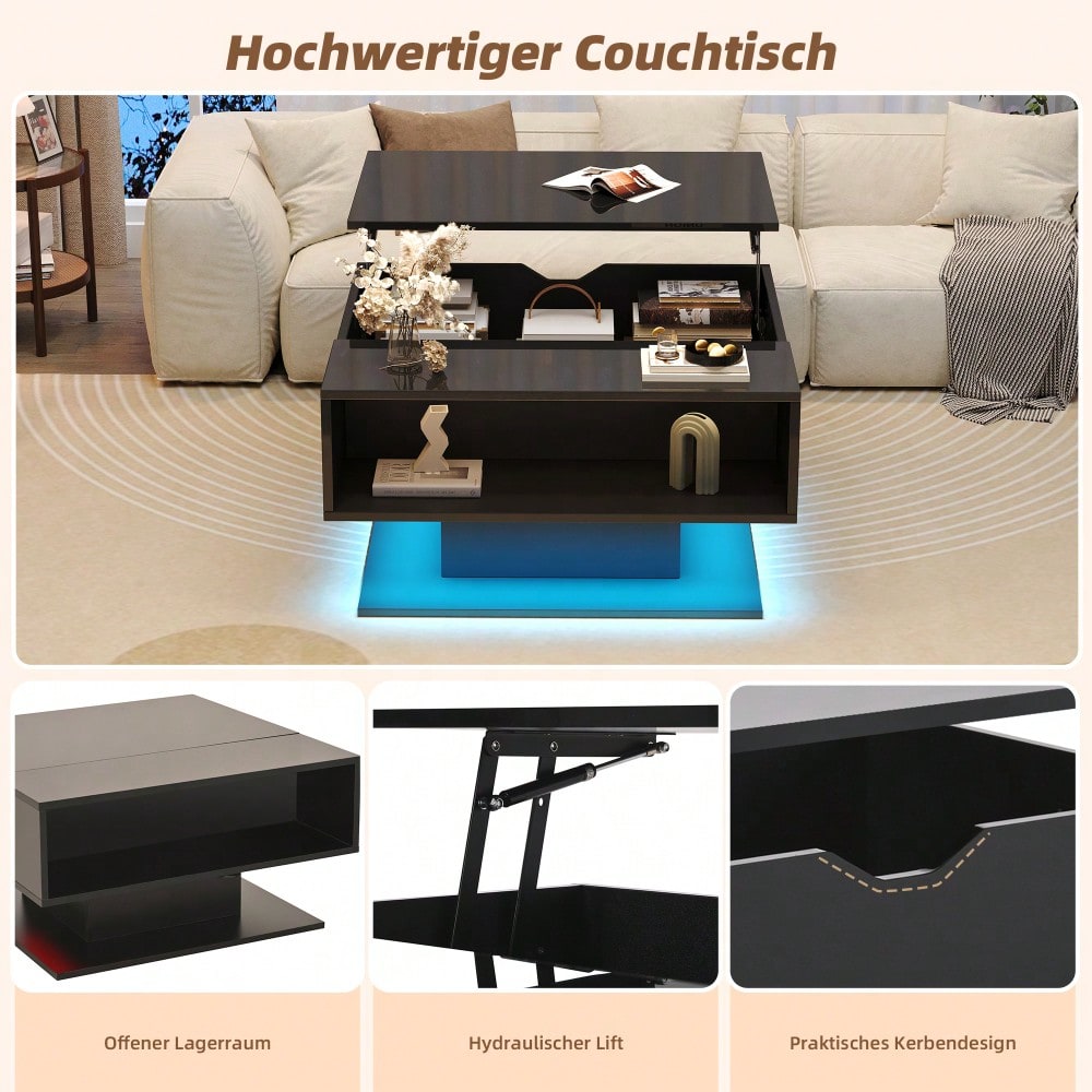 80*77*40cm Couchtisch mit hydraulischem Aufzug,Hochglanz-Sofatisch,Wohnzimmertisch mit Stauraum,halboffener Stauraum,Geometrischer kaffeetisch,Ergonomischer Wohnzimmer-Beistelltisch,Schwarz
