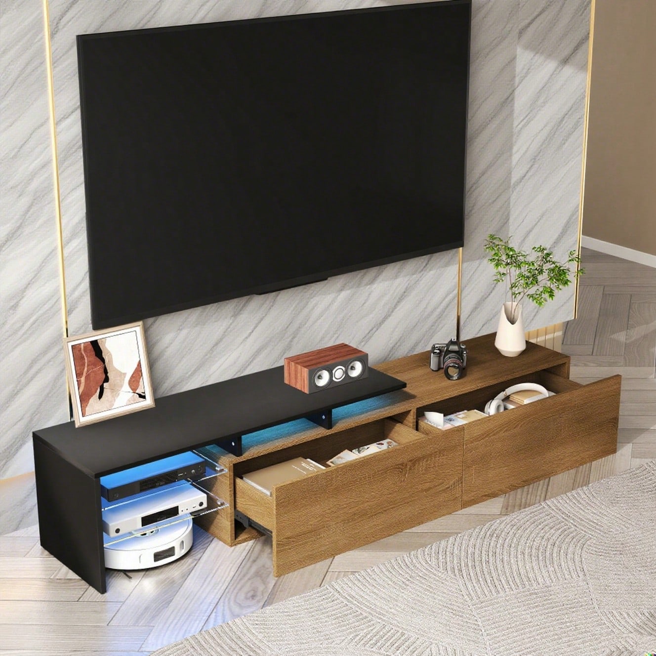Modernes TV-Schrank-Design: stilvoll und elegant, praktischer Stauraum, schwarz, Holzoptik, Glasböden, LED-Beleuchtung