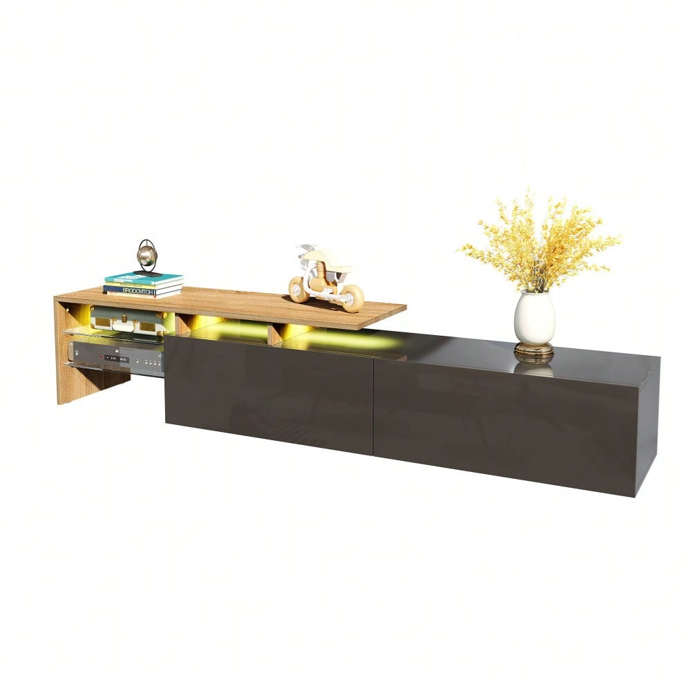 Modernes TV-Schrank-Design: stilvoll und elegant, praktischer Stauraum, Hochglanzschwarz, Holzoptik, Glasböden, LED-Beleuchtung