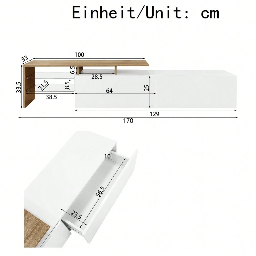 Modernes TV-Schrank-Design: stilvoll und elegant, praktischer Stauraum, Hochglanzweiß, Holzoptik, Glasböden, LED-Beleuchtung