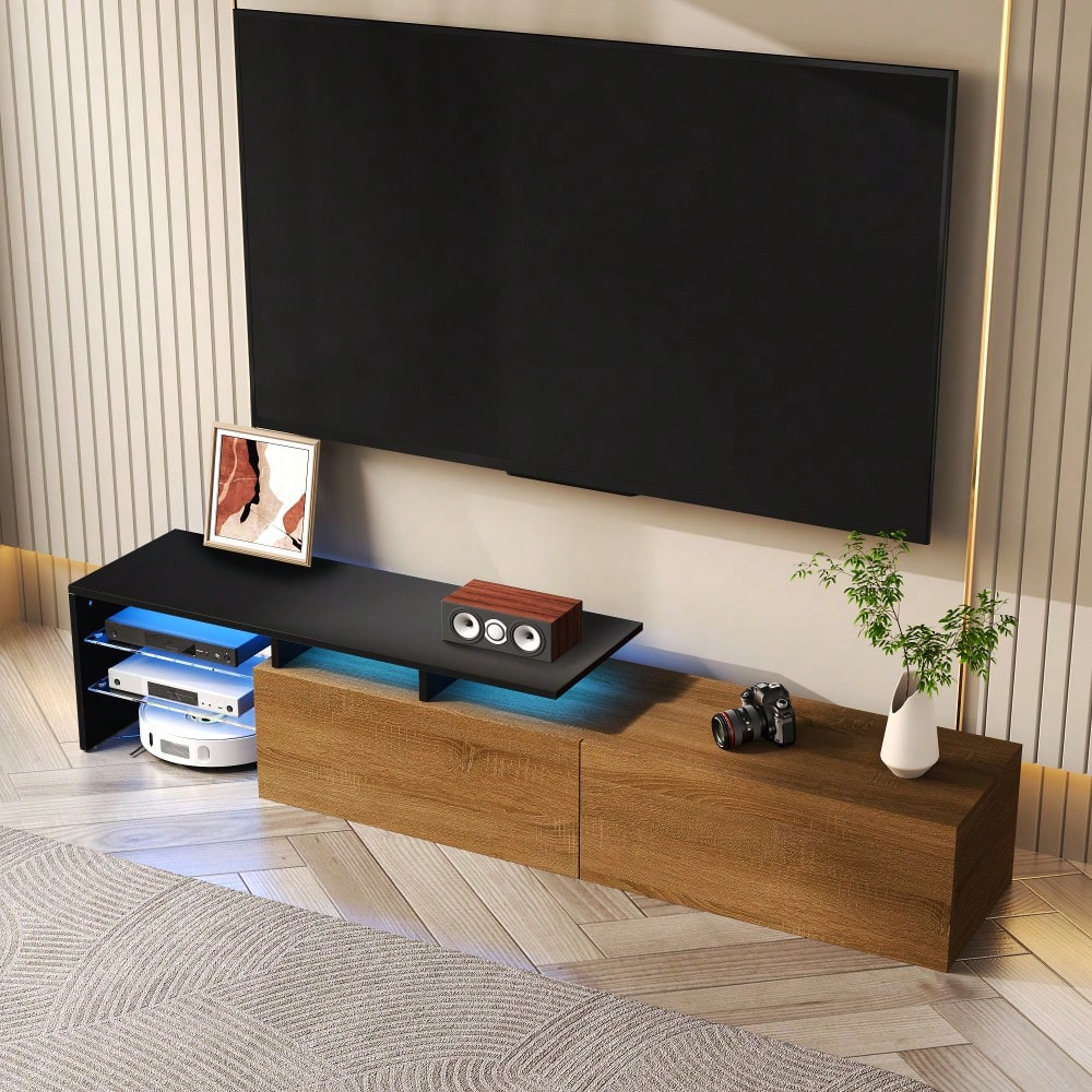 Modernes TV-Schrank-Design: stilvoll und elegant, praktischer Stauraum, schwarz, Holzoptik, Glasböden, LED-Beleuchtung