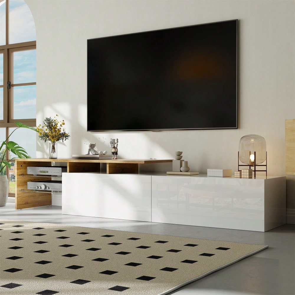 Modernes TV-Schrank-Design: stilvoll und elegant, praktischer Stauraum, Hochglanzweiß, Holzoptik, Glasböden, LED-Beleuchtung