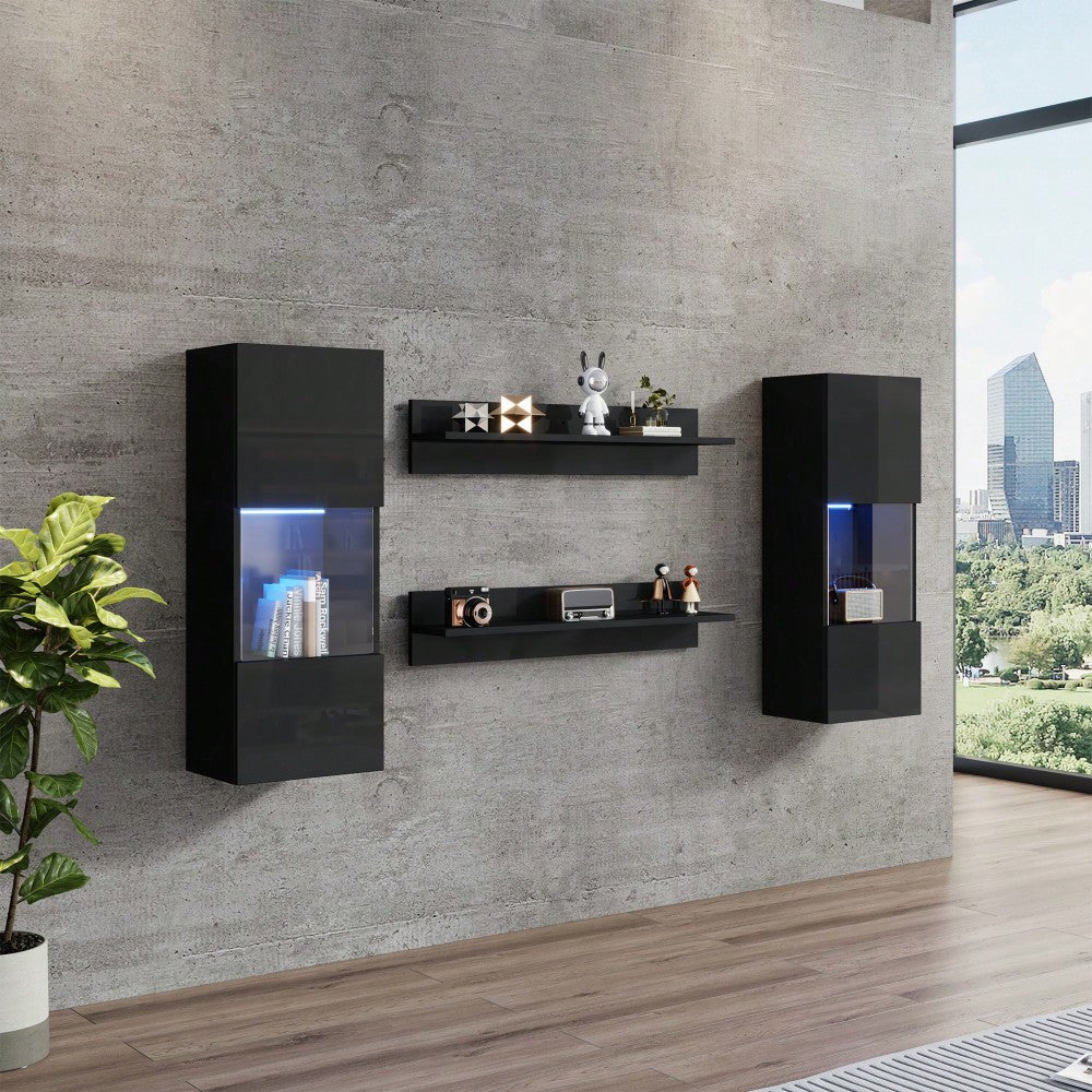 Wandregal 4er Sett, LED-Wandschrank und 2 Regale – Smarte APP-gesteuerte Beleuchtung, Hochglanzoberfläche und Türen aus gehärtetem Glas, für Wohnzimmer, TV-kompatibel, TV-Schrank-Set, Schwarz