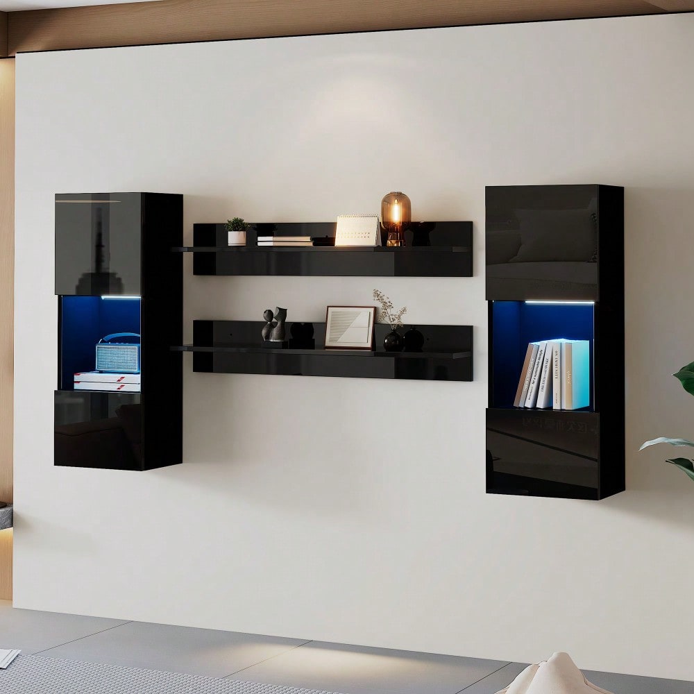 Wandregal 4er Sett, LED-Wandschrank und 2 Regale – Smarte APP-gesteuerte Beleuchtung, Hochglanzoberfläche und Türen aus gehärtetem Glas, für Wohnzimmer, TV-kompatibel, TV-Schrank-Set, Schwarz