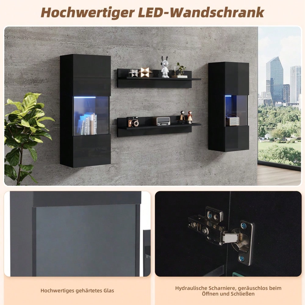 Wandregal 4er Sett, LED-Wandschrank und 2 Regale – Smarte APP-gesteuerte Beleuchtung, Hochglanzoberfläche und Türen aus gehärtetem Glas, für Wohnzimmer, TV-kompatibel, TV-Schrank-Set, Schwarz