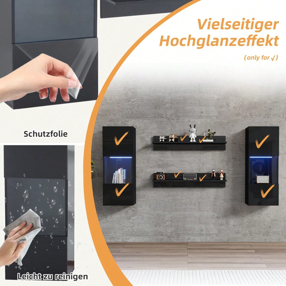 Wandregal 4er Sett, LED-Wandschrank und 2 Regale – Smarte APP-gesteuerte Beleuchtung, Hochglanzoberfläche und Türen aus gehärtetem Glas, für Wohnzimmer, TV-kompatibel, TV-Schrank-Set, Schwarz
