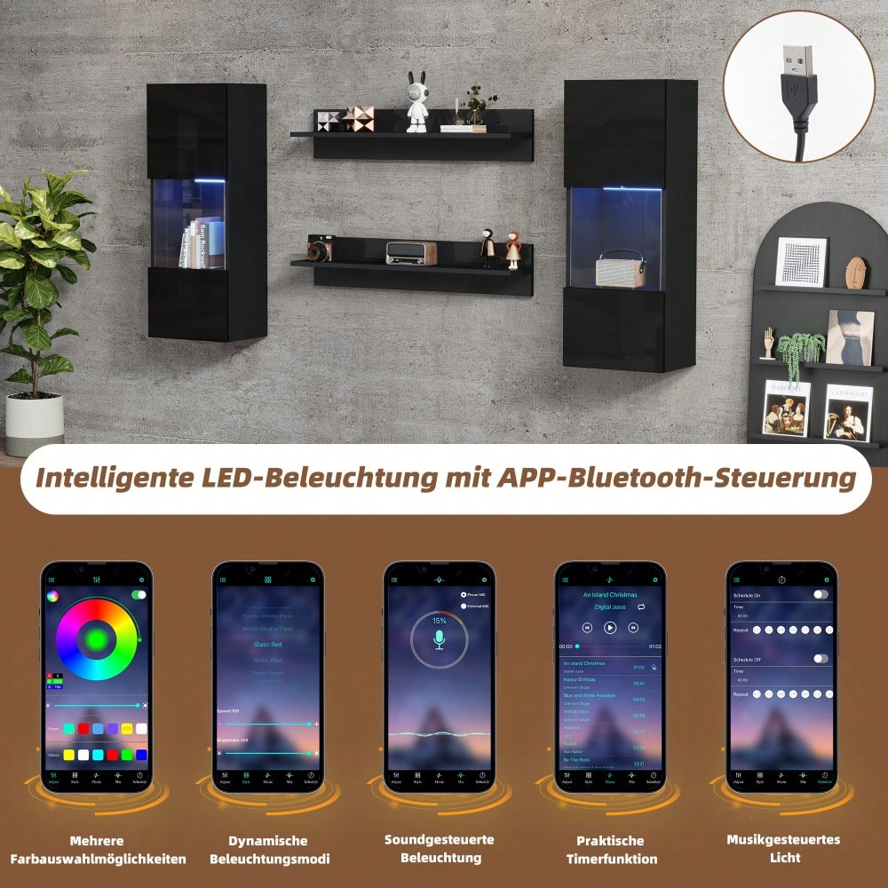 Wandregal 4er Sett, LED-Wandschrank und 2 Regale – Smarte APP-gesteuerte Beleuchtung, Hochglanzoberfläche und Türen aus gehärtetem Glas, für Wohnzimmer, TV-kompatibel, TV-Schrank-Set, Schwarz