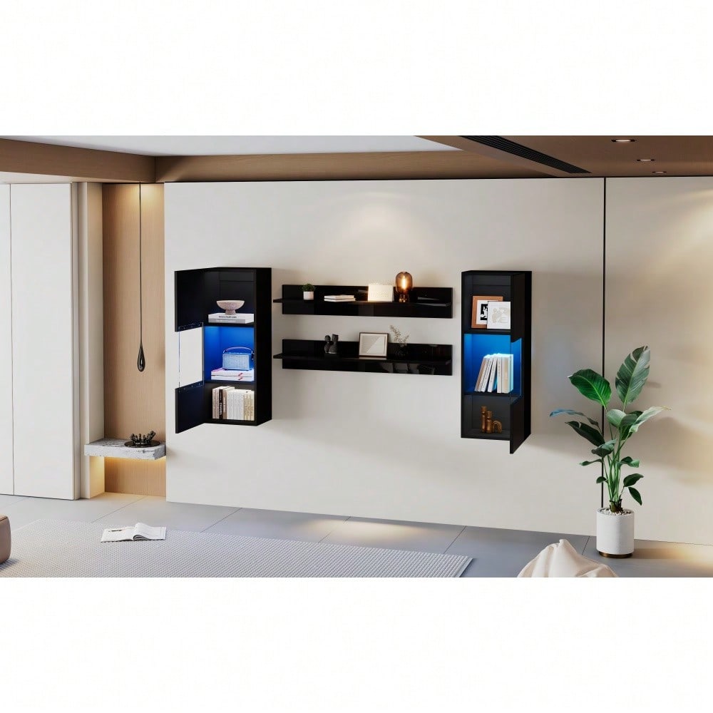 Wandregal 4er Sett, LED-Wandschrank und 2 Regale – Smarte APP-gesteuerte Beleuchtung, Hochglanzoberfläche und Türen aus gehärtetem Glas, für Wohnzimmer, TV-kompatibel, TV-Schrank-Set, Schwarz