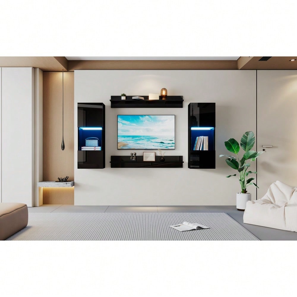 Wandregal 4er Sett, LED-Wandschrank und 2 Regale – Smarte APP-gesteuerte Beleuchtung, Hochglanzoberfläche und Türen aus gehärtetem Glas, für Wohnzimmer, TV-kompatibel, TV-Schrank-Set, Schwarz
