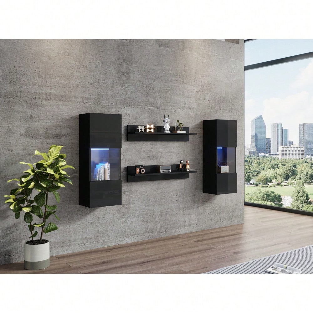 Wandregal 4er Sett, LED-Wandschrank und 2 Regale – Smarte APP-gesteuerte Beleuchtung, Hochglanzoberfläche und Türen aus gehärtetem Glas, für Wohnzimmer, TV-kompatibel, TV-Schrank-Set, Schwarz