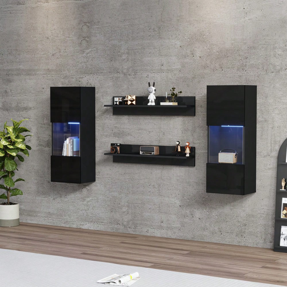 Wandregal 4er Sett, LED-Wandschrank und 2 Regale – Smarte APP-gesteuerte Beleuchtung, Hochglanzoberfläche und Türen aus gehärtetem Glas, für Wohnzimmer, TV-kompatibel, TV-Schrank-Set, Schwarz