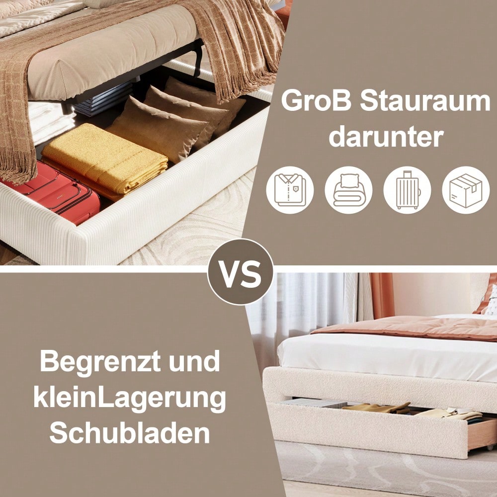 Polsterbett, 180*200cm , mit LED-Leiste, hydraulischer Stauraum, 2 Schubladen, ohne Matratze, USB + TYPE-C, Samt, Beige