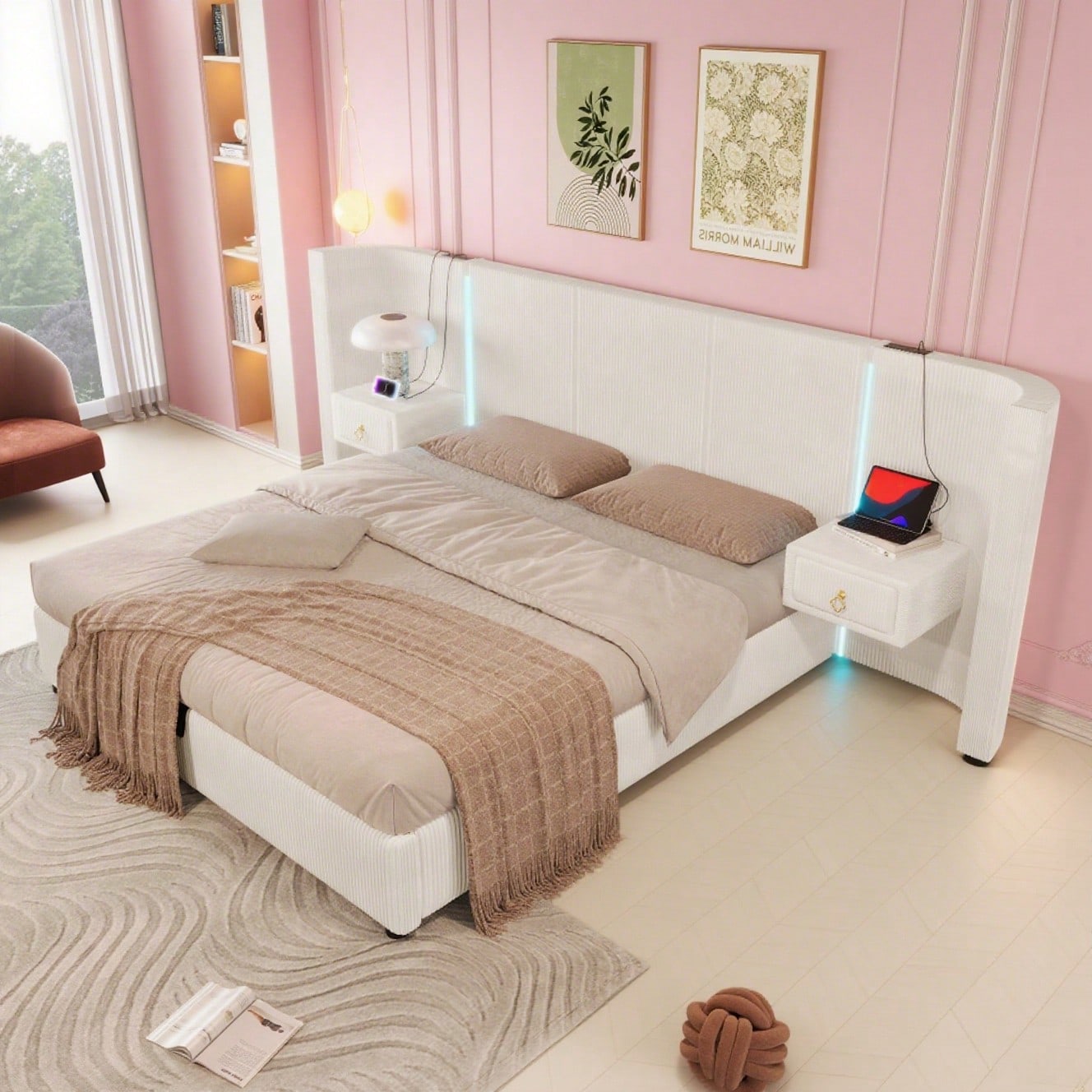 Polsterbett, 180*200cm , mit LED-Leiste, hydraulischer Stauraum, 2 Schubladen, ohne Matratze, USB + TYPE-C, Samt, Beige
