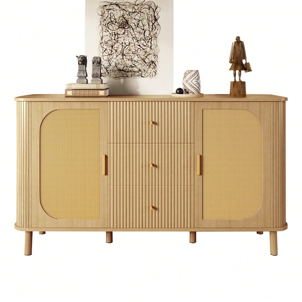 Dieses moderne Sideboard mit Schubladen, Regalen und Metallbeinen in Holzoptik ist ein vielseitiges Wohnzimmermöbelstück und ein absolutes Must-have.