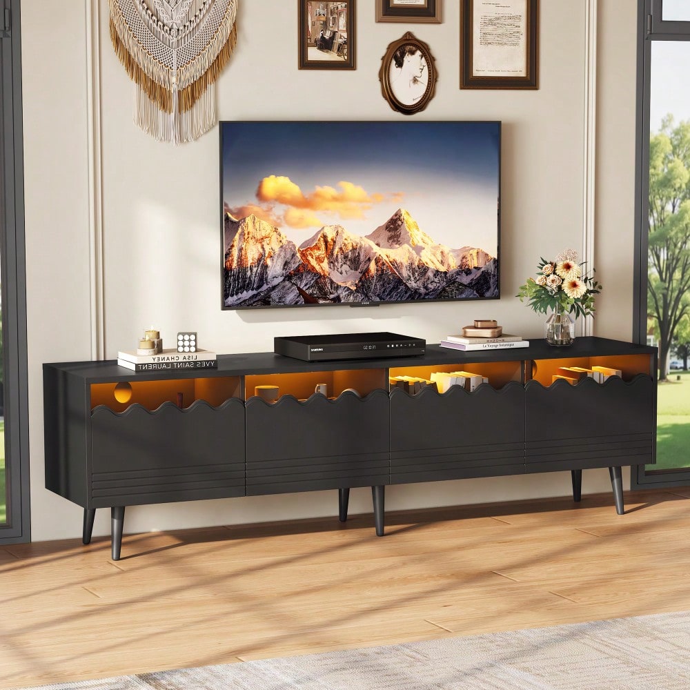 176*38*45cm Lowboard mit 6 Stützbeinen, TV-Ständer mit 2 Schubladen und 2 Schränken, Fernsehschrank, Wohnzimmermöbel, TV-Board, passend für TV-Ständer bis zu 75 Zoll, TV-Schränke, Schwarz
