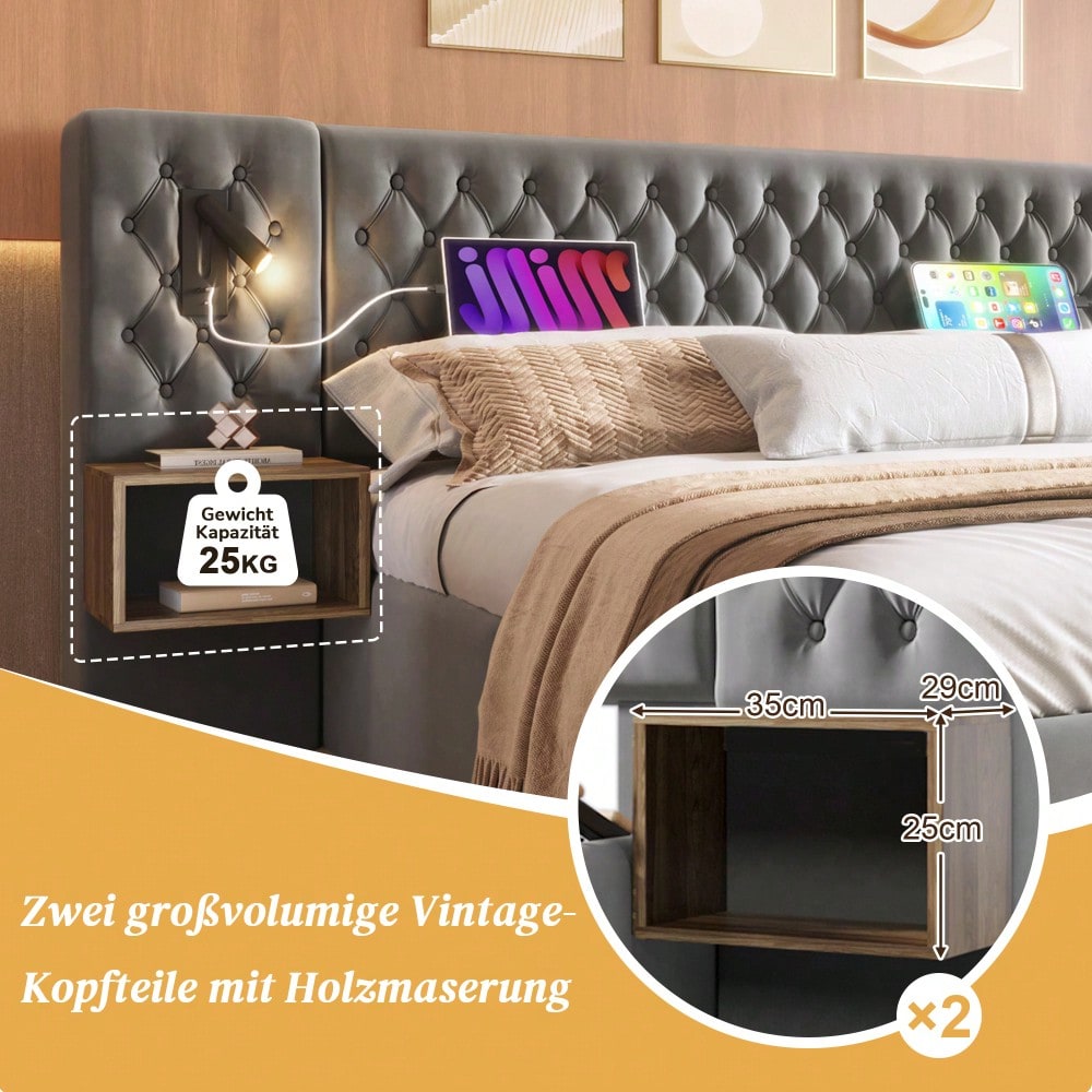 (=ABMA26089G)Bettanlage Schlafzimmer Komplett Set, Polsterbett Doppelbett 160×200 cm mit 2 Nachttischen und 4 Schubladen, Kopfteil Leselicht mit USB Ladefunktion, Grau, Samt (Mit Matratze)