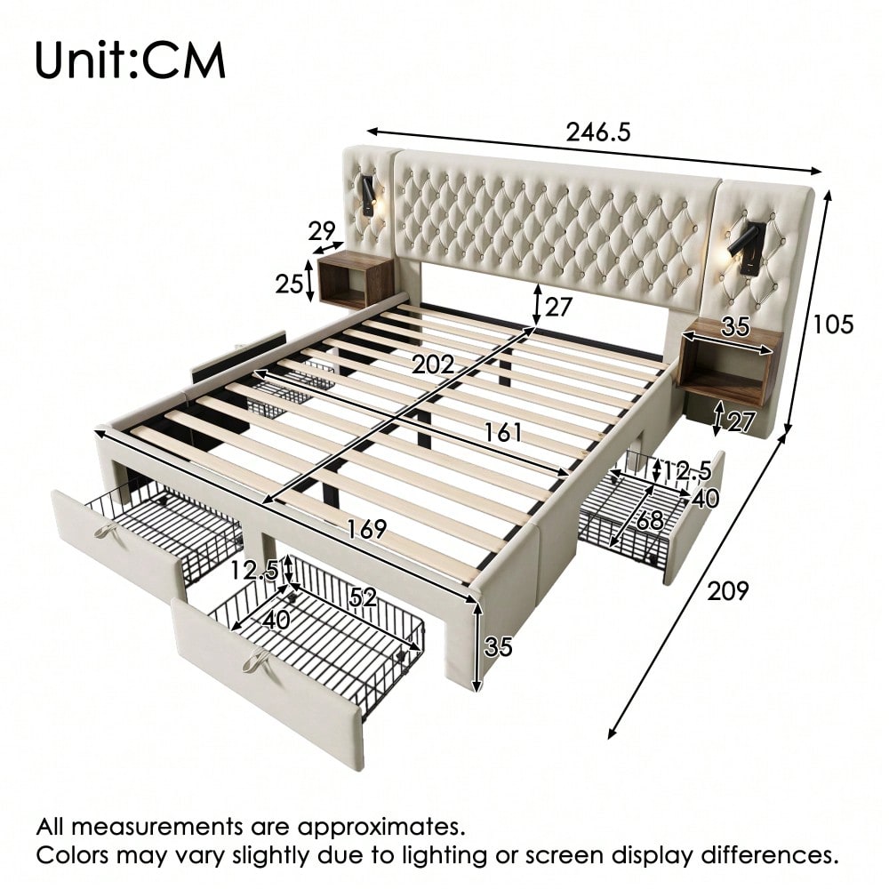 (=ABMA260890B)Bettanlage Schlafzimmer Komplett Set, Polsterbett Doppelbett 160×200 cm mit 2 Nachttischen und 4 Schubladen, Kopfteil Leselicht mit USB Ladefunktion, Beige, Samt (Mit Matratze)