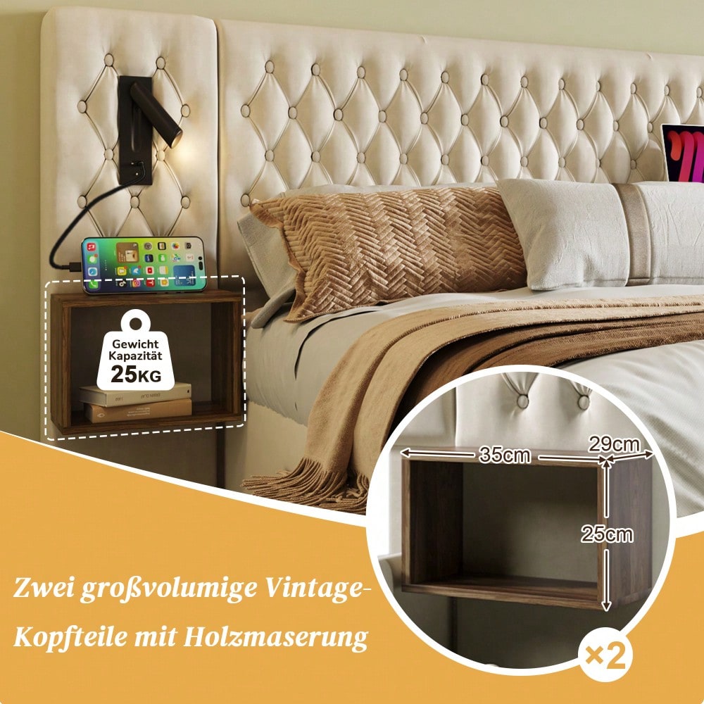 (=ABMA260890B)Bettanlage Schlafzimmer Komplett Set, Polsterbett Doppelbett 160×200 cm mit 2 Nachttischen und 4 Schubladen, Kopfteil Leselicht mit USB Ladefunktion, Beige, Samt (Mit Matratze)