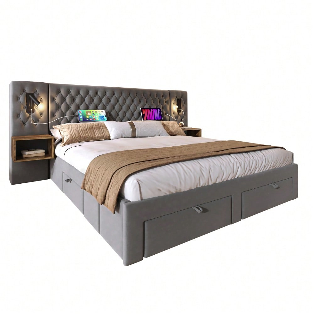(=ABMA26089G)Bettanlage Schlafzimmer Komplett Set, Polsterbett Doppelbett 160×200 cm mit 2 Nachttischen und 4 Schubladen, Kopfteil Leselicht mit USB Ladefunktion, Grau, Samt (Mit Matratze)