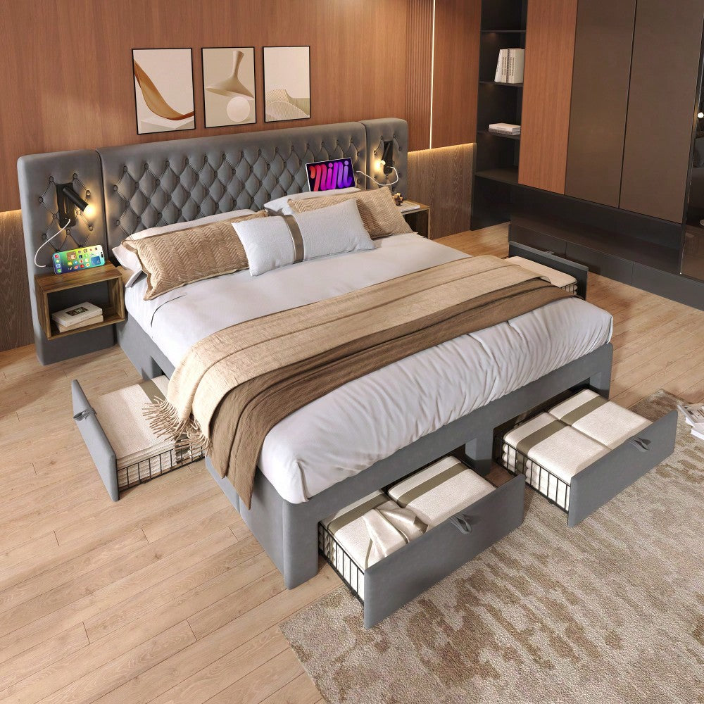 (=ABMA26089G)Bettanlage Schlafzimmer Komplett Set, Polsterbett Doppelbett 160×200 cm mit 2 Nachttischen und 4 Schubladen, Kopfteil Leselicht mit USB Ladefunktion, Grau, Samt (Mit Matratze)