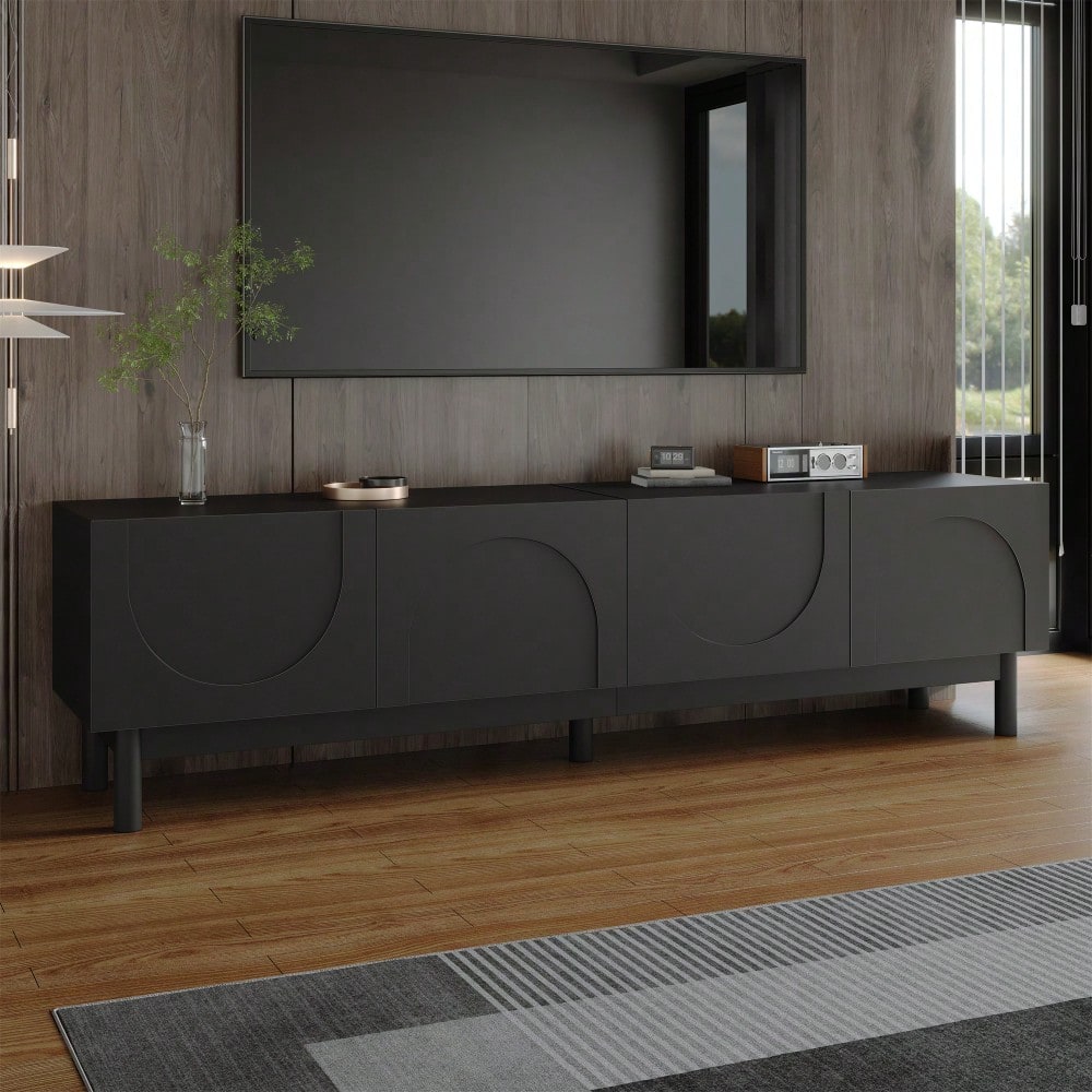 Lowboard, TV-Schrank mit gewölbten, wellenförmigen Türen, Regalen und TV-Ständer mit stabilisierenden Beinen