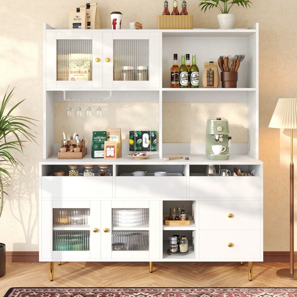 Restaurant-Hochschrank (145 x 39 x 171 cm), mit Changhong-Glastür, Weinglasregal, mehrschichtiger Stauraum, elegantes Weiß mit Golddekoration, geeignet für Restaurants(Previous sku:N620P1915222324W)