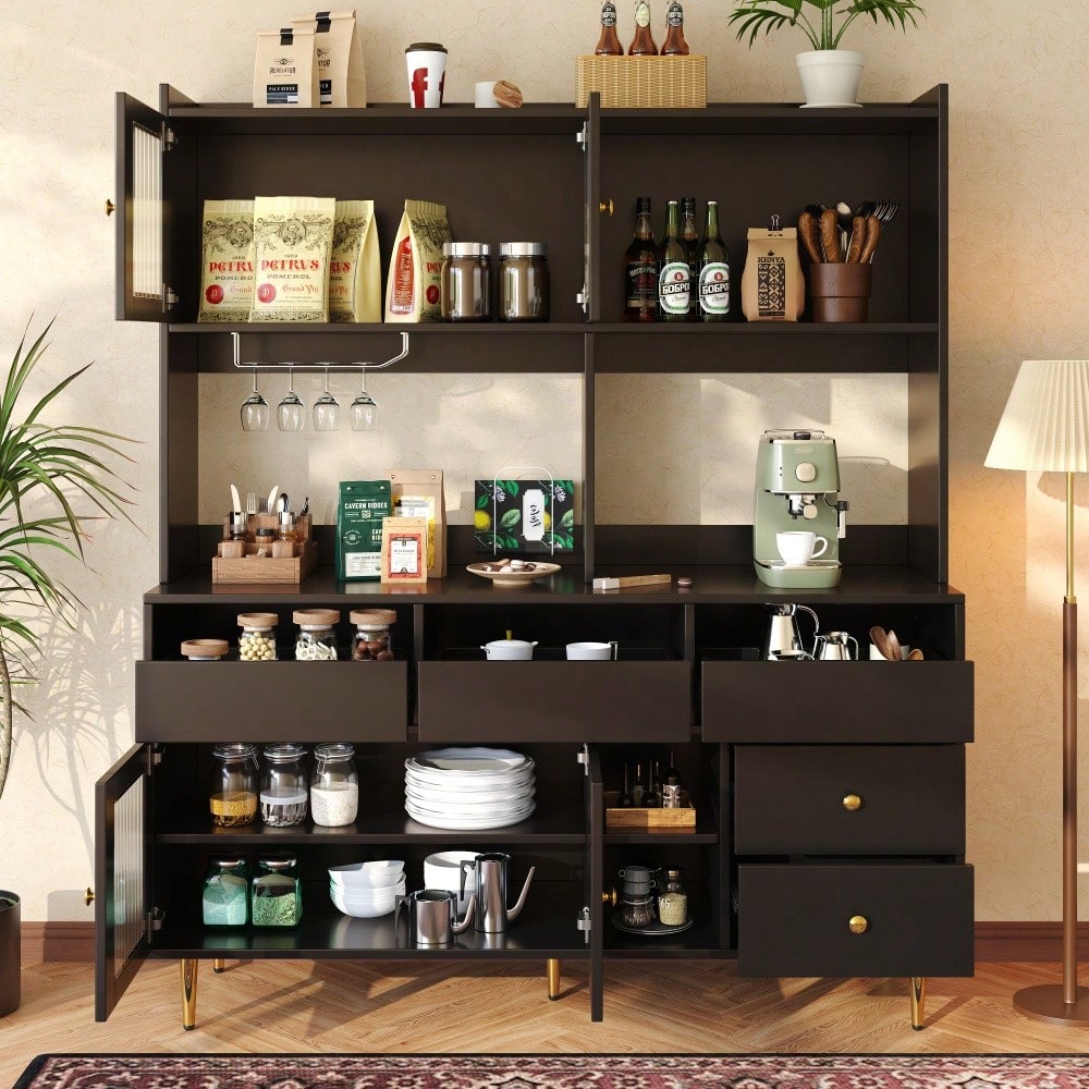Esszimmer-Hochschrank (145 x 39 x 171 cm) mit Lochglastüren, Weinglasregal, mehrstufigem Stauraum, edles Schwarz mit Golddekor, geeignet für den Einsatz im Esszimmer (Previous sku: N620P1915222324S)