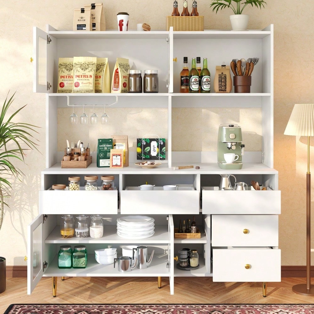 Restaurant-Hochschrank (145 x 39 x 171 cm), mit Changhong-Glastür, Weinglasregal, mehrschichtiger Stauraum, elegantes Weiß mit Golddekoration, geeignet für Restaurants(Previous sku:N620P1915222324W)