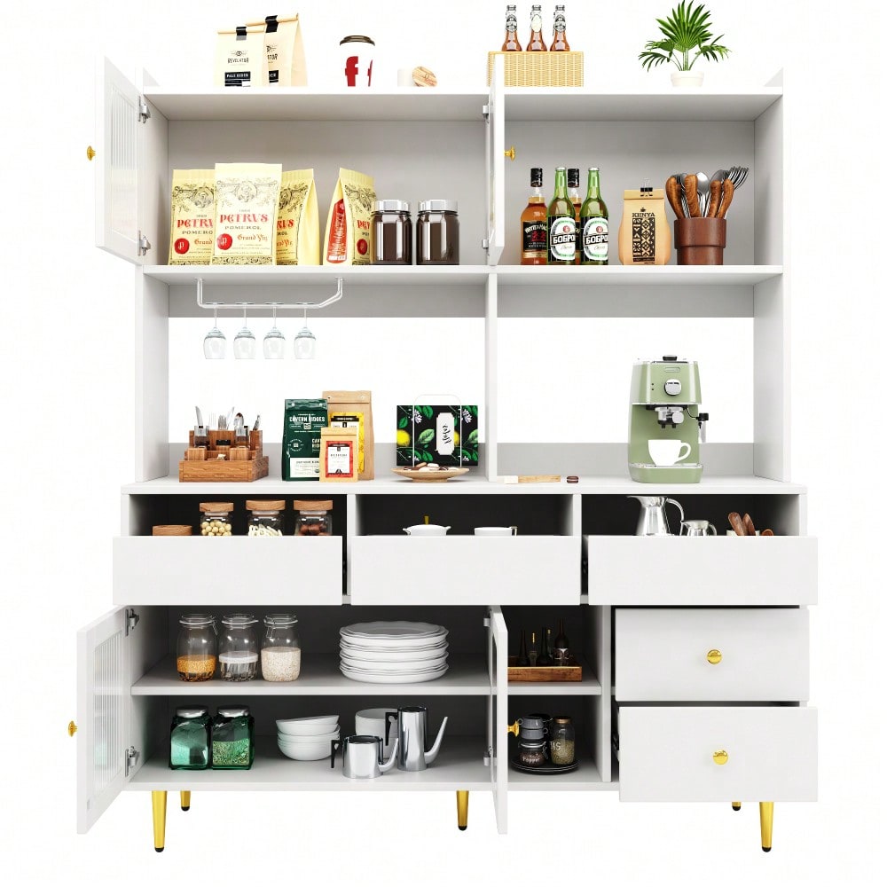 Restaurant-Hochschrank (145 x 39 x 171 cm), mit Changhong-Glastür, Weinglasregal, mehrschichtiger Stauraum, elegantes Weiß mit Golddekoration, geeignet für Restaurants(Previous sku:N620P1915222324W)