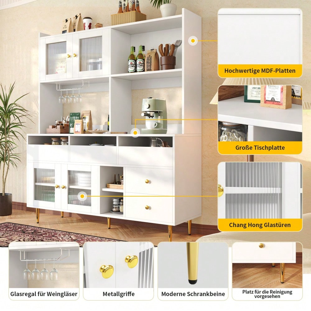 Restaurant-Hochschrank (145 x 39 x 171 cm), mit Changhong-Glastür, Weinglasregal, mehrschichtiger Stauraum, elegantes Weiß mit Golddekoration, geeignet für Restaurants(Previous sku:N620P1915222324W)