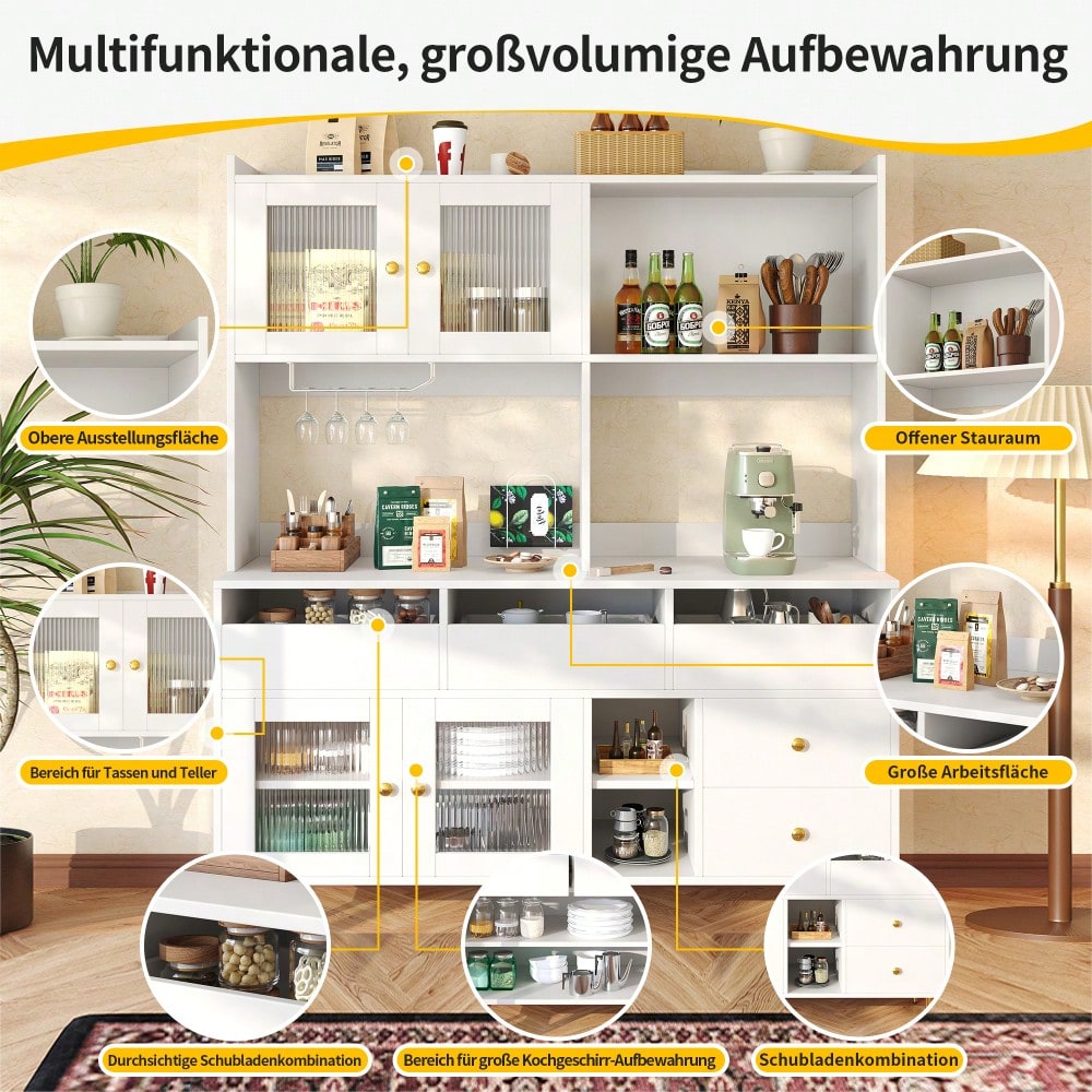 Restaurant-Hochschrank (145 x 39 x 171 cm), mit Changhong-Glastür, Weinglasregal, mehrschichtiger Stauraum, elegantes Weiß mit Golddekoration, geeignet für Restaurants(Previous sku:N620P1915222324W)