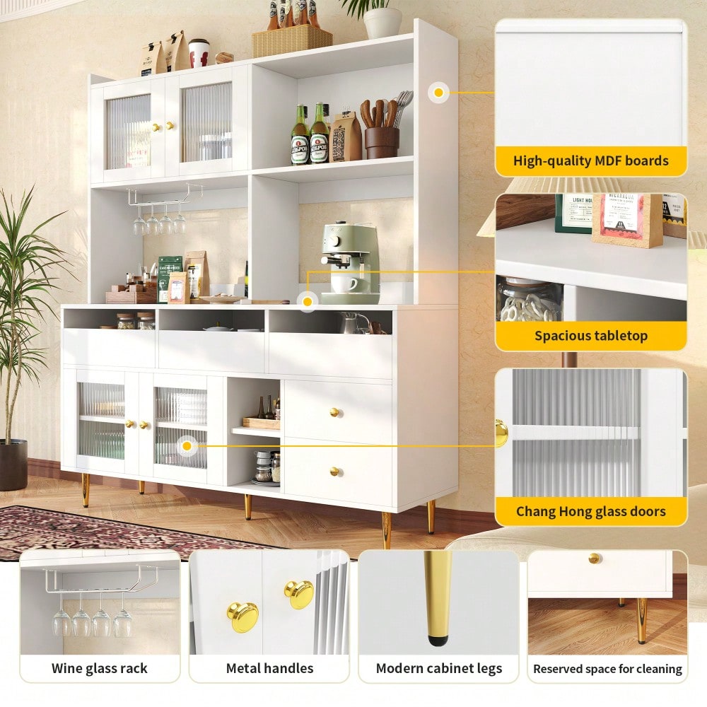Restaurant-Hochschrank (145 x 39 x 171 cm), mit Changhong-Glastür, Weinglasregal, mehrschichtiger Stauraum, elegantes Weiß mit Golddekoration, geeignet für Restaurants(Previous sku:N620P1915222324W)
