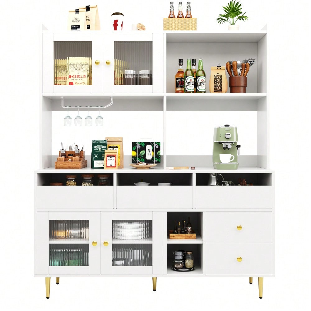 Restaurant-Hochschrank (145 x 39 x 171 cm), mit Changhong-Glastür, Weinglasregal, mehrschichtiger Stauraum, elegantes Weiß mit Golddekoration, geeignet für Restaurants(Previous sku:N620P1915222324W)