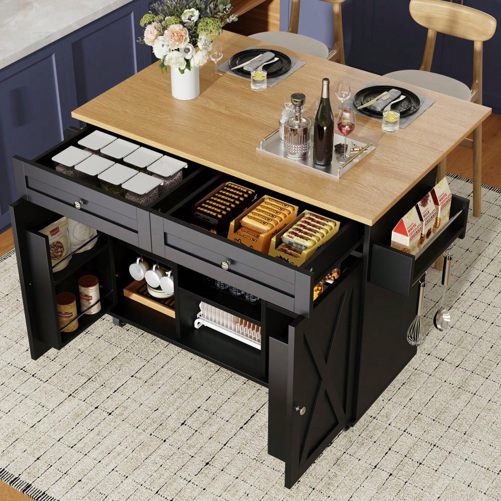 Moderne Kücheninsel, Küchenschrank, buffetschrank, Speisewagen mit Holzmaserung, Multifunktionale Esstisch mit Speicherraum, Speisewagen mit Snackregalen, Schwarz
