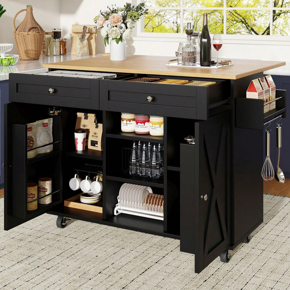 Moderne Kücheninsel, Küchenschrank, buffetschrank, Speisewagen mit Holzmaserung, Multifunktionale Esstisch mit Speicherraum, Speisewagen mit Snackregalen, Schwarz
