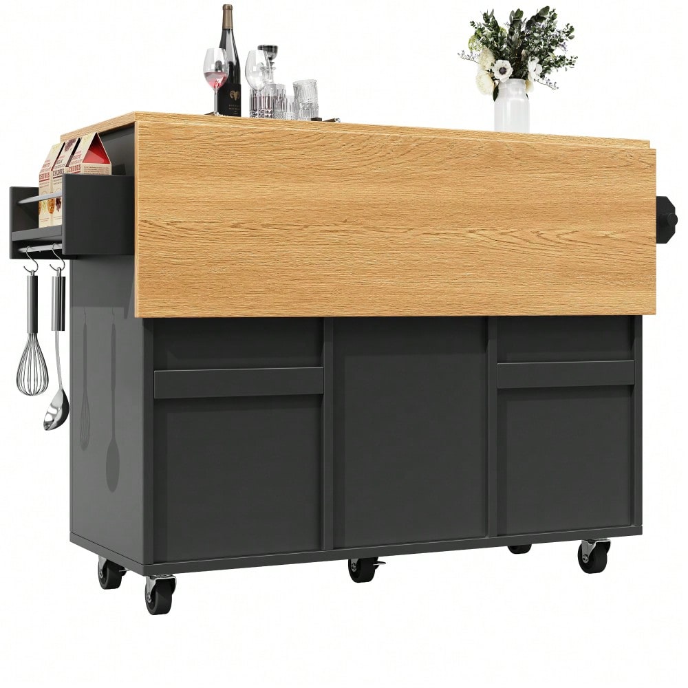 Moderne Kücheninsel, Küchenschrank, buffetschrank, Speisewagen mit Holzmaserung, Multifunktionale Esstisch mit Speicherraum, Speisewagen mit Snackregalen, Schwarz