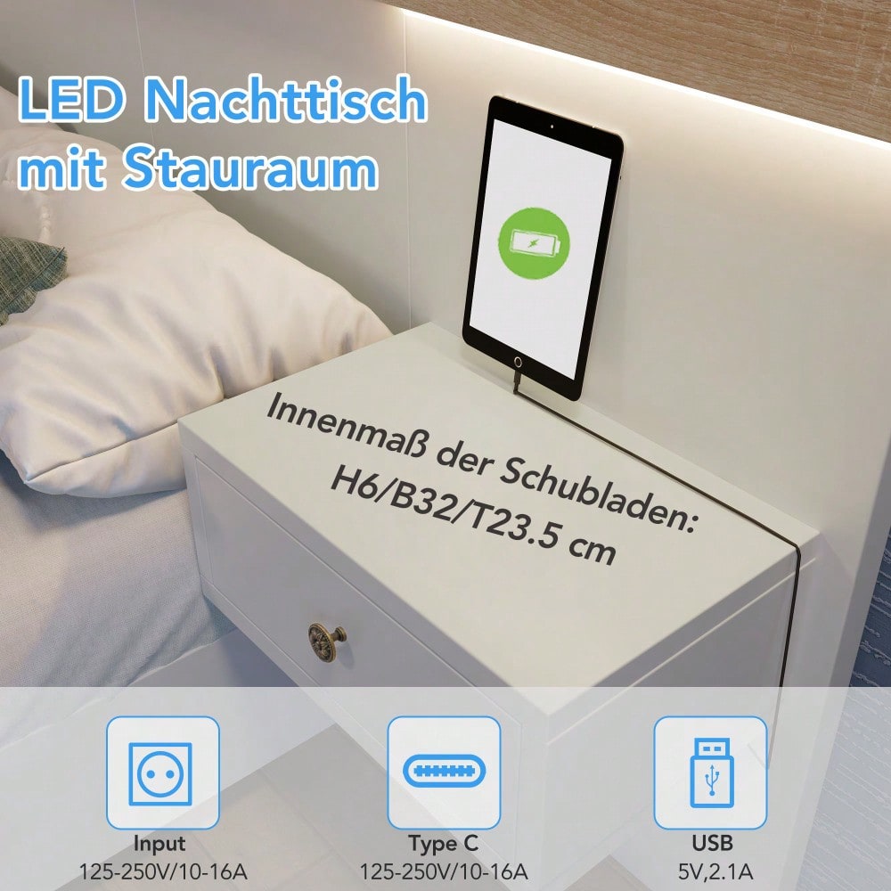 Doppelbett-Komplettset 140x200 cm mit 2 LED-Nachttischen & USB-C + Bettbank 145x38 cm Hydraulik-Stauraum, Bett in Eiche Sonoma/Weiß + Bank mit beiger Cord-Optik (Ohne Matratze)
