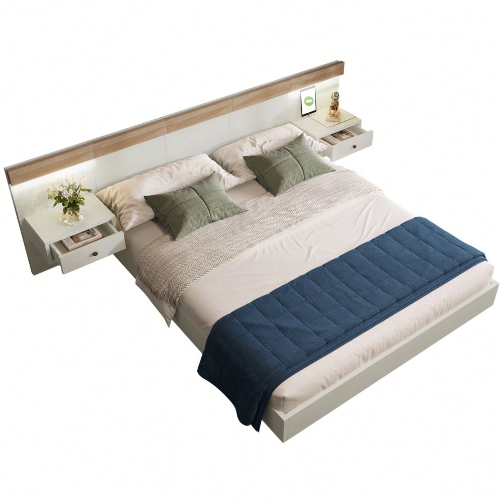 Doppelbett-Komplettset 140x200 cm mit 2 LED-Nachttischen & USB-C + Bettbank 145x38 cm Hydraulik-Stauraum, Bett in Eiche Sonoma/Weiß + Bank mit beiger Cord-Optik (Ohne Matratze)