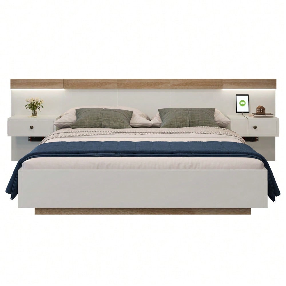 Doppelbett-Komplettset 140x200 cm mit 2 LED-Nachttischen & USB-C + Bettbank 145x38 cm Hydraulik-Stauraum, Bett in Eiche Sonoma/Weiß + Bank mit beiger Cord-Optik (Ohne Matratze)