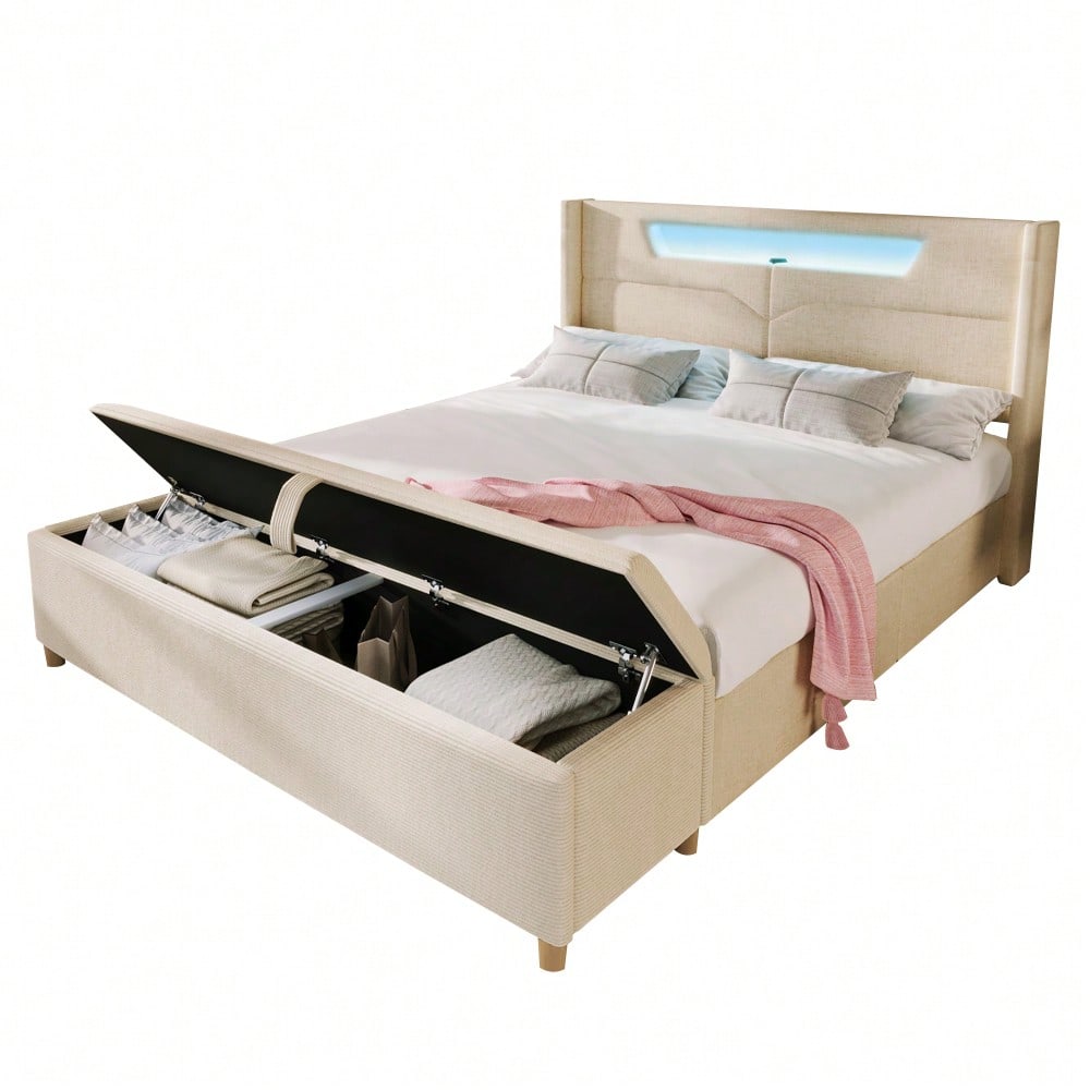 Polsterbett 140x200 mit LED & USB-C in beige Leinen + Bettbank 145x38 Hydraulik-Stauraum in Cord-Optik, Lattenrost inkl. (Ohne Matratze)