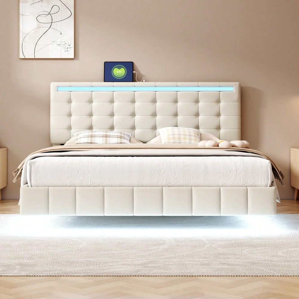 Polsterbett 160 x 200 cm, gepolsterter Schwebebettrahmen mit LED-Leuchten und Kopfteildesign, flächiges Doppelbett-Gästebett in hautfreundlichem Leinen Beige