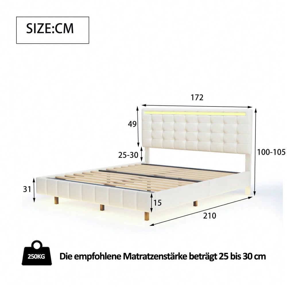 Polsterbett 160 x 200 cm, gepolsterter Schwebebettrahmen mit LED-Leuchten und Kopfteildesign, flächiges Doppelbett-Gästebett in hautfreundlichem Leinen Beige