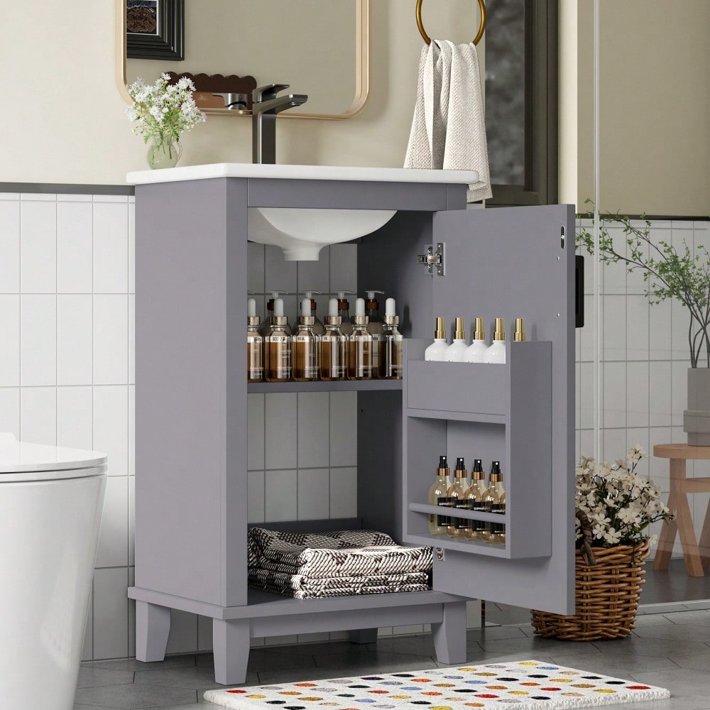 51x34x83cmBodenstehender Badezimmerschrank, Waschtisch, Volllackierung, Türregale, verstellbare Regale, integriertes Keramikwaschbecken, geeignet für kleine Räume, Grau