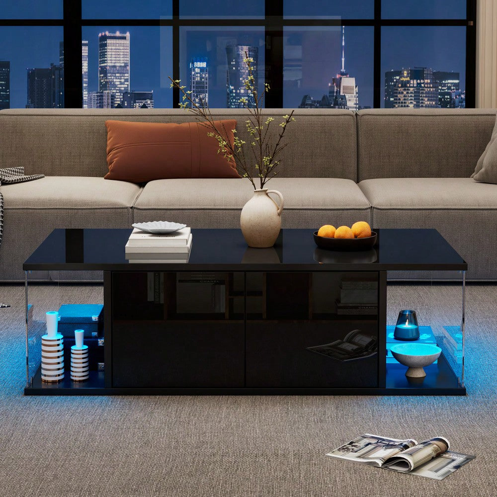 100*50*30cm Wohnzimmer-Couchtisch,Sofatisch mit LED, Hochglanz-Design + Hartglas-Design, Kaffeetisch mit 2 Schränken,Beistelltisch im schlichten Design,Schwarz, Spanplatte