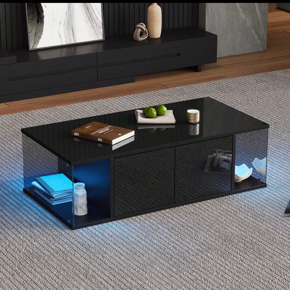 100*50*30cm Wohnzimmer-Couchtisch,Sofatisch mit LED, Hochglanz-Design + Hartglas-Design, Kaffeetisch mit 2 Schränken,Beistelltisch im schlichten Design,Schwarz, Spanplatte
