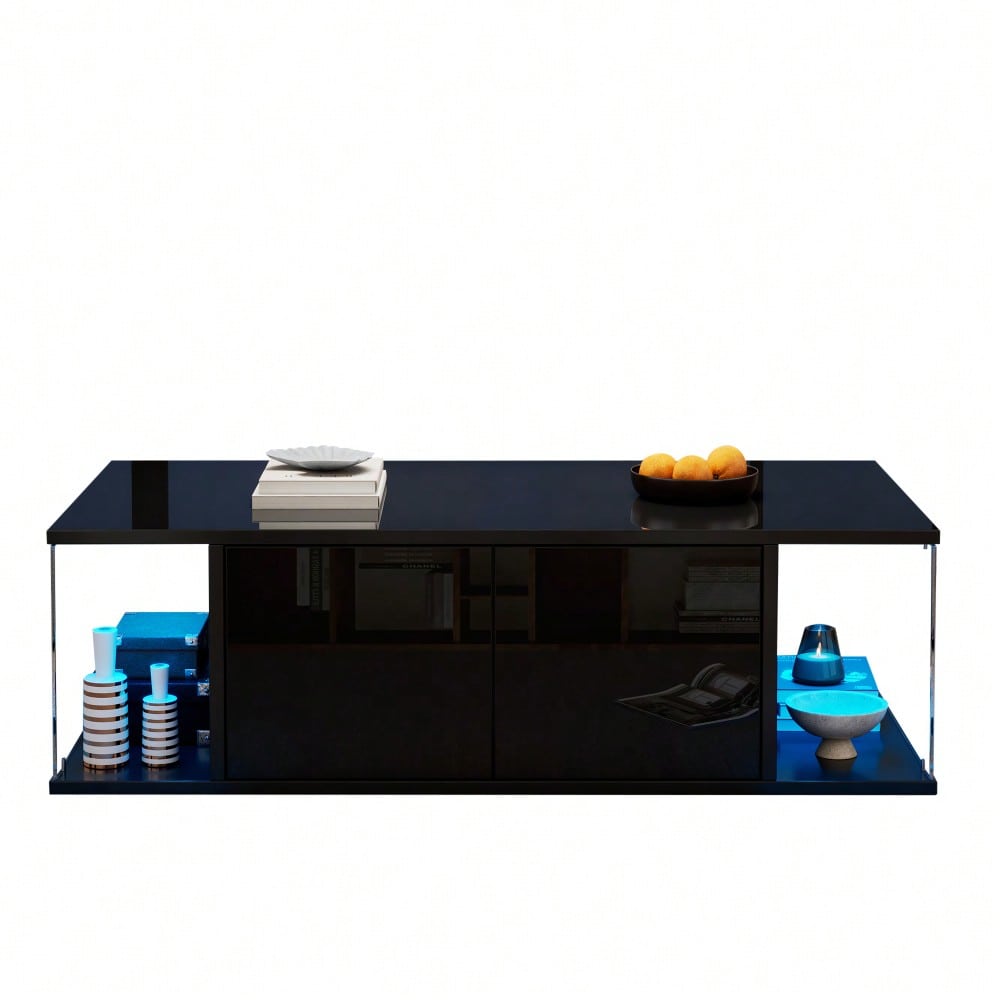 100*50*30cm Wohnzimmer-Couchtisch,Sofatisch mit LED, Hochglanz-Design + Hartglas-Design, Kaffeetisch mit 2 Schränken,Beistelltisch im schlichten Design,Schwarz, Spanplatte