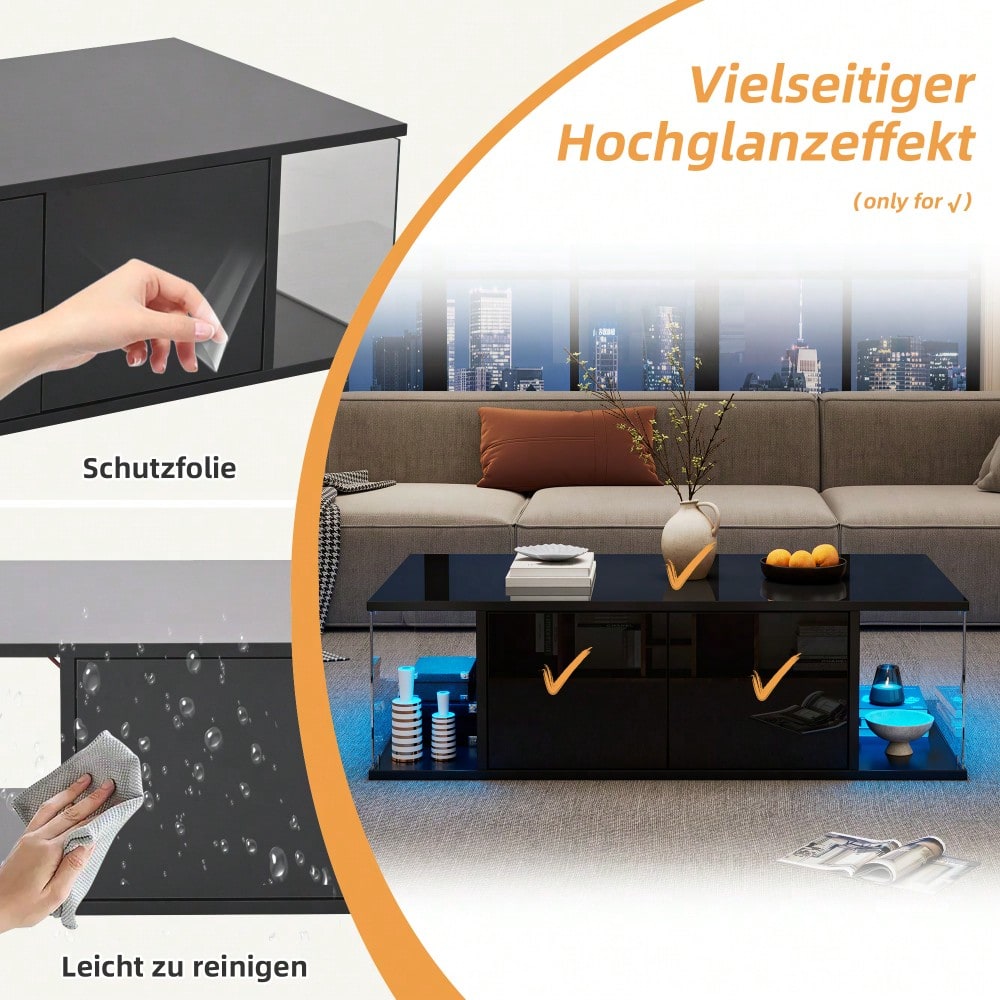 100*50*30cm Wohnzimmer-Couchtisch,Sofatisch mit LED, Hochglanz-Design + Hartglas-Design, Kaffeetisch mit 2 Schränken,Beistelltisch im schlichten Design,Schwarz, Spanplatte