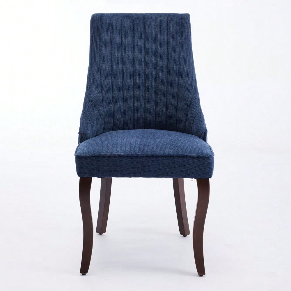 Rayon Cloth Flocking Linen Dining Chairs Channel Kitchen Dinner Chair Comfy Fabric Upholstered Accent Chair for Dining Room with Curved Solid Wood Legs,Set of 2 (Blue), DE1847BL