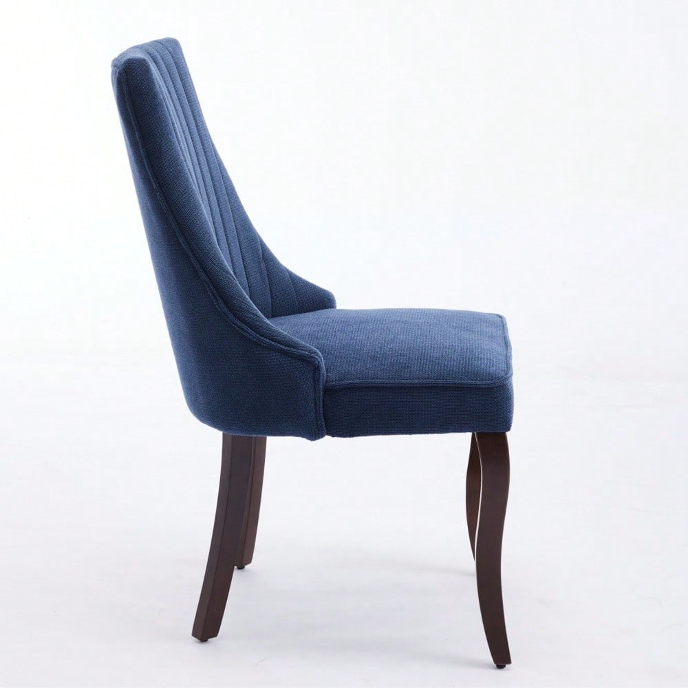 Rayon Cloth Flocking Linen Dining Chairs Channel Kitchen Dinner Chair Comfy Fabric Upholstered Accent Chair for Dining Room with Curved Solid Wood Legs,Set of 2 (Blue), DE1847BL