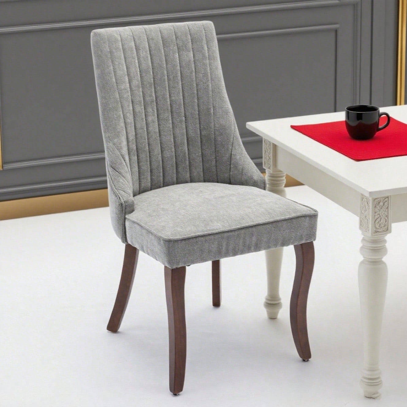 Rayon Cloth Flocking Linen Dining Chairs Channel Kitchen Dinner Chair Comfy Fabric Upholstered Accent Chair for Dining Room with Curved Solid Wood Legs,Set of 2 (Gray), DE1847GY